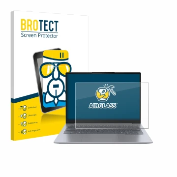 Parte frontal de un envase de producto con el logotipo de la marca BROTECT. Al lado se muestra el dispositivo Lenovo ThinkBook