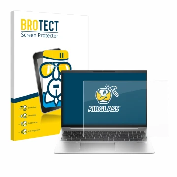Parte frontal de un envase de producto con el logotipo de la marca BROTECT. Al lado se muestra el dispositivo HP EliteBook 845