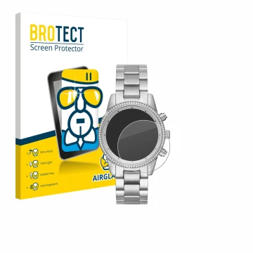 Parte frontal de un envase de producto con el logotipo de la marca BROTECT. Al lado se muestra el dispositivo Michael Kors Rit