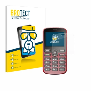 Parte frontal de un envase de producto con el logotipo de la marca BROTECT. Al lado se muestra el dispositivo Doro 1880 con su