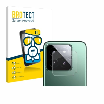 Parte frontal de un envase de producto con el logotipo de la marca BROTECT. Al lado se muestra el dispositivo Xiaomi 14 (SÓLO 