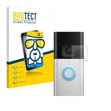 Parte frontal de un envase de producto con el logotipo de la marca BROTECT. Al lado se muestra el dispositivo Ring Battery Vid