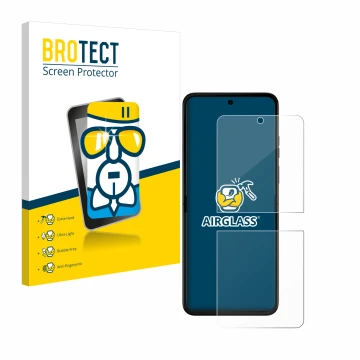 Parte frontal de un envase de producto con el logotipo de la marca BROTECT. Al lado se muestra el dispositivo Motorola Razr 50