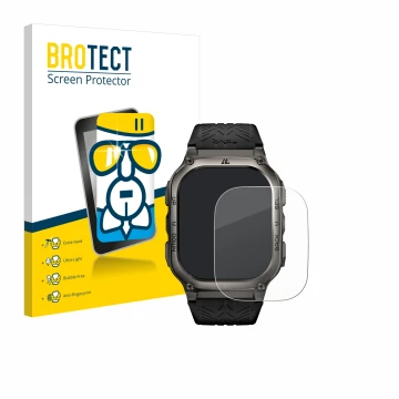 Parte frontal de un envase de producto con el logotipo de la marca BROTECT. Al lado se muestra el dispositivo Kospet Tank M3 c