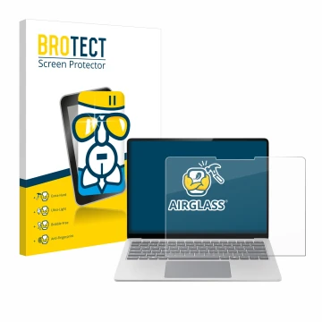 Parte frontal de un envase de producto con el logotipo de la marca BROTECT. Al lado se muestra el dispositivo Microsoft Surfac