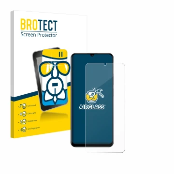 Parte frontal de un envase de producto con el logotipo de la marca BROTECT. Al lado se muestra el dispositivo realme C61 con s