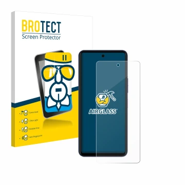 Parte frontal de un envase de producto con el logotipo de la marca BROTECT. Al lado se muestra el dispositivo Telekom T Phone 