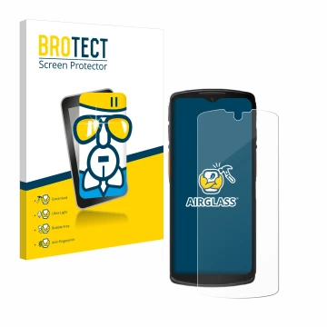 Parte frontal de un envase de producto con el logotipo de la marca BROTECT. Al lado se muestra el dispositivo Urovo DT66 con s
