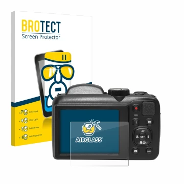 Parte frontal de un envase de producto con el logotipo de la marca BROTECT. Al lado se muestra el dispositivo Kodak Pixpro AZ2
