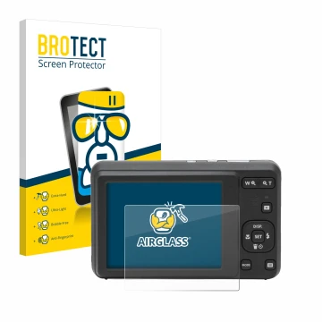 Parte frontal de un envase de producto con el logotipo de la marca BROTECT. Al lado se muestra el dispositivo Kodak Pixpro FZ5