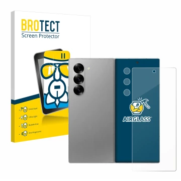 Parte frontal de un envase de producto con el logotipo de la marca BROTECT. Al lado se muestra el dispositivo Samsung Galaxy Z