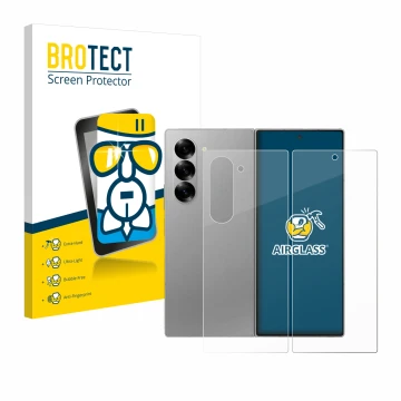 Parte frontal de un envase de producto con el logotipo de la marca BROTECT. Al lado se muestra el dispositivo Samsung Galaxy Z