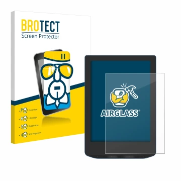 Parte frontal de un envase de producto con el logotipo de la marca BROTECT. Al lado se muestra el dispositivo PocketBook Verse