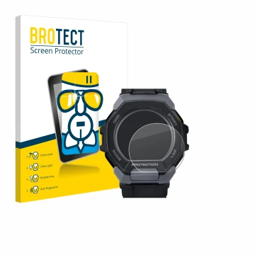 Parte frontal de un envase de producto con el logotipo de la marca BROTECT. Al lado se muestra el dispositivo Casio G-Shock G-