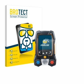 Parte frontal de un envase de producto con el logotipo de la marca BROTECT. Al lado se muestra el dispositivo Testo 550s con s
