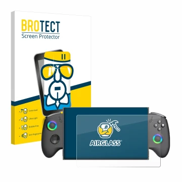 Parte frontal de un envase de producto con el logotipo de la marca BROTECT. Al lado se muestra el dispositivo OneXPlayer X1 Mi