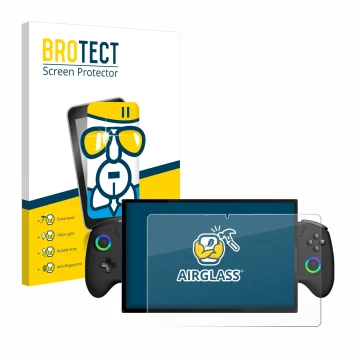 Parte frontal de un envase de producto con el logotipo de la marca BROTECT. Al lado se muestra el dispositivo OneXPlayer X1 co