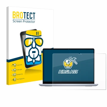 Parte frontal de un envase de producto con el logotipo de la marca BROTECT. Al lado se muestra el dispositivo Dell Inspiron 14