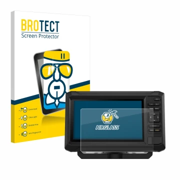 Parte frontal de un envase de producto con el logotipo de la marca BROTECT. Al lado se muestra el dispositivo Garmin ECHOMAP U