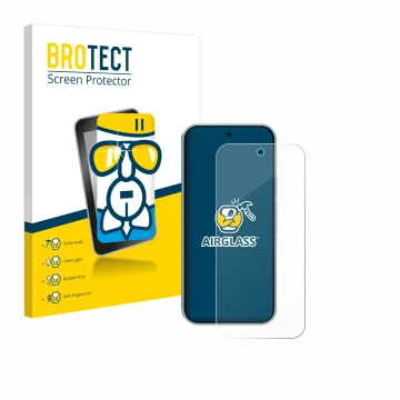 Parte frontal de un envase de producto con el logotipo de la marca BROTECT. Al lado se muestra el dispositivo Google Pixel 9 c