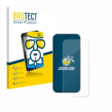 Parte frontal de un envase de producto con el logotipo de la marca BROTECT. Al lado se muestra el dispositivo Google Pixel 9 P