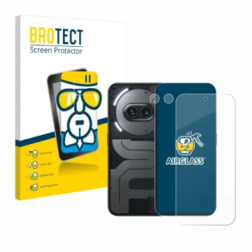 Parte frontal de un envase de producto con el logotipo de la marca BROTECT. Al lado se muestra el dispositivo Nothing Phone (2