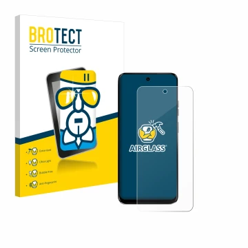 Parte frontal de un envase de producto con el logotipo de la marca BROTECT. Al lado se muestra el dispositivo Motorola G34 5G 