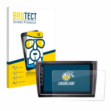 Parte frontal de un envase de producto con el logotipo de la marca BROTECT. Al lado se muestra el dispositivo Dynavin D9-DF56 