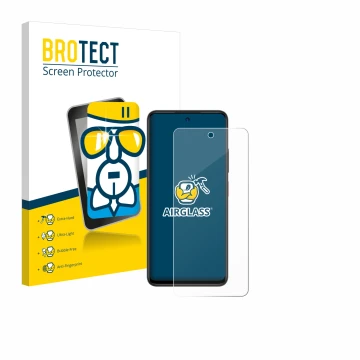 Parte frontal de un envase de producto con el logotipo de la marca BROTECT. Al lado se muestra el dispositivo ZTE Blade A75 5G