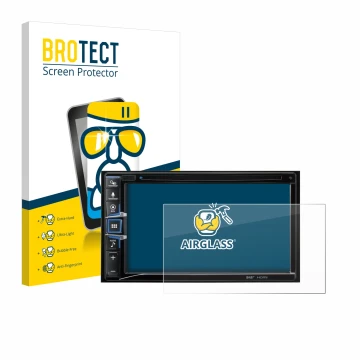 Parte frontal de un envase de producto con el logotipo de la marca BROTECT. Al lado se muestra el dispositivo Alpine INE-W611D