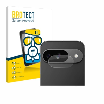 Parte frontal de un envase de producto con el logotipo de la marca BROTECT. Al lado se muestra el dispositivo Google Pixel 9 (