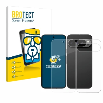 Parte frontal de un envase de producto con el logotipo de la marca BROTECT. Al lado se muestra el dispositivo Google Pixel 9 P