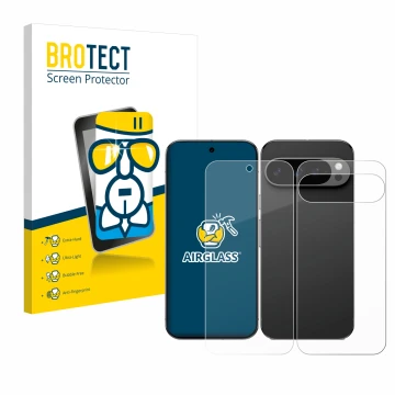 Parte frontal de un envase de producto con el logotipo de la marca BROTECT. Al lado se muestra el dispositivo Google Pixel 9 P