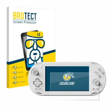 Parte frontal de un envase de producto con el logotipo de la marca BROTECT. Al lado se muestra el dispositivo AYN Odin 2 Mini 