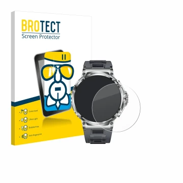 Parte frontal de un envase de producto con el logotipo de la marca BROTECT. Al lado se muestra el dispositivo Smartwatch V69 1