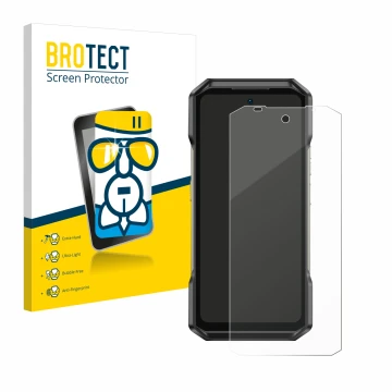 Parte frontal de un envase de producto con el logotipo de la marca BROTECT. Al lado se muestra el dispositivo Ulefone Armor 27