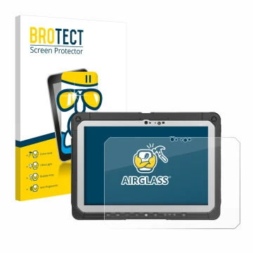 Parte frontal de un envase de producto con el logotipo de la marca BROTECT. Al lado se muestra el dispositivo Panasonic Toughb