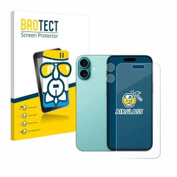 Parte frontal de un envase de producto con el logotipo de la marca BROTECT. Al lado se muestra el dispositivo Apple iPhone 16 