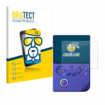 Parte frontal de un envase de producto con el logotipo de la marca BROTECT. Al lado se muestra el dispositivo Anbernic RG40XXV