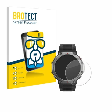 Parte frontal de un envase de producto con el logotipo de la marca BROTECT. Al lado se muestra el dispositivo Huami Amazfit T-