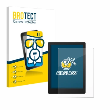 Parte frontal de un envase de producto con el logotipo de la marca BROTECT. Al lado se muestra el dispositivo Boox Go 6 con su