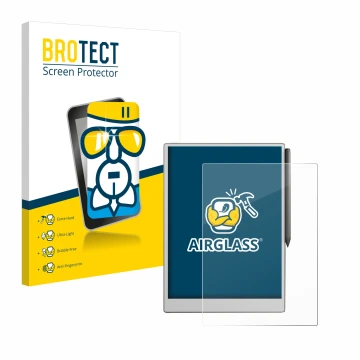 Parte frontal de un envase de producto con el logotipo de la marca BROTECT. Al lado se muestra el dispositivo reMarkable Paper