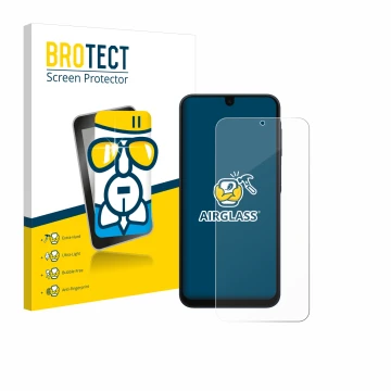 Parte frontal de un envase de producto con el logotipo de la marca BROTECT. Al lado se muestra el dispositivo Samsung Galaxy A