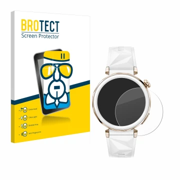 Parte frontal de un envase de producto con el logotipo de la marca BROTECT. Al lado se muestra el dispositivo Huawei Watch GT 