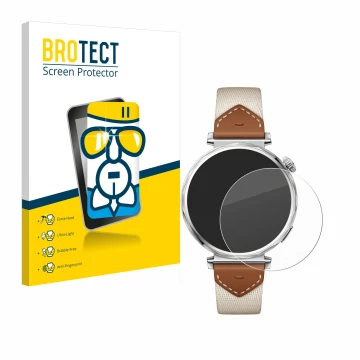 Parte frontal de un envase de producto con el logotipo de la marca BROTECT. Al lado se muestra el dispositivo Huawei Watch GT 