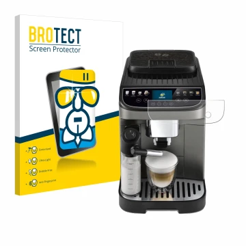 Parte frontal de un envase de producto con el logotipo de la marca BROTECT. Al lado se muestra el dispositivo DeLonghi Magnifi