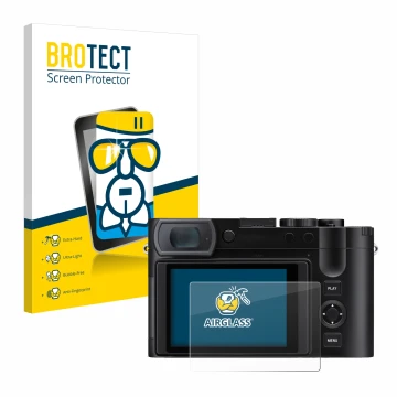 Parte frontal de un envase de producto con el logotipo de la marca BROTECT. Al lado se muestra el dispositivo Leica Q3 43 con 