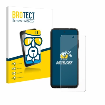 Parte frontal de un envase de producto con el logotipo de la marca BROTECT. Al lado se muestra el dispositivo HMD Fusion con s