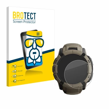 Parte frontal de un envase de producto con el logotipo de la marca BROTECT. Al lado se muestra el dispositivo Garmin Instinct 