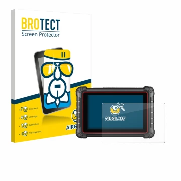 Parte frontal de un envase de producto con el logotipo de la marca BROTECT. Al lado se muestra el dispositivo Autel MK900BT co